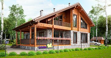 Красивый комбинированный коттедж из профилированного бруса с каменным первым этажом